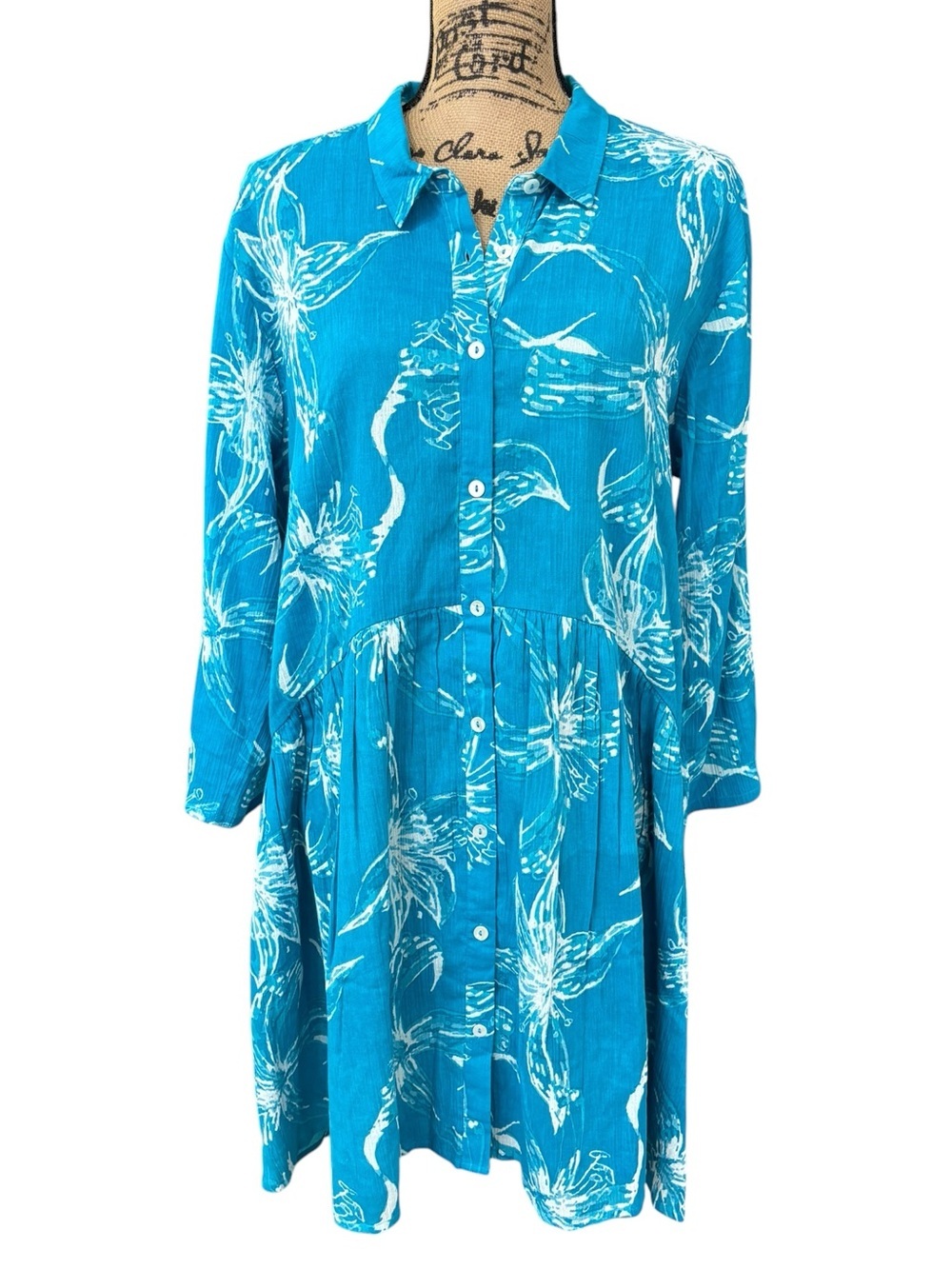 RO'S GARDEN Deauville Floral Mini Dress Button Front Collared Cotton Teal Large - Picture 8 of 9